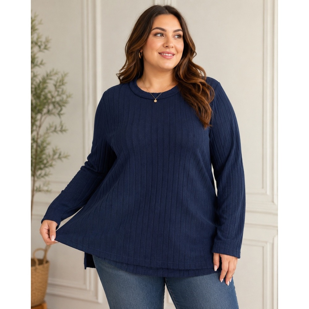 Matty M Navy Blue Sweater Ribbed Tunic Top XXL Long Sleeve High Low Hem